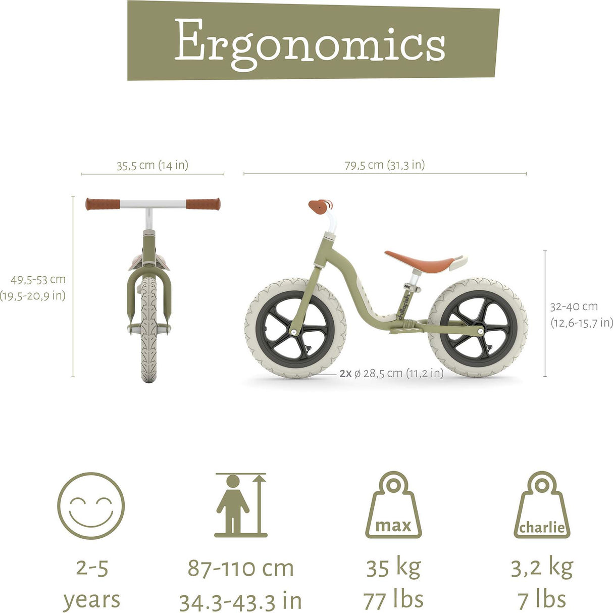 Chillafish Charlie LUX 12" Balance Bike - Olive