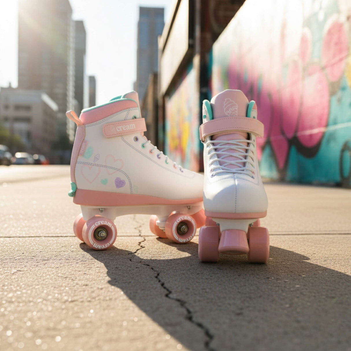 Cream Scoop Quad Roller Skates - Hearts (White/Pink)