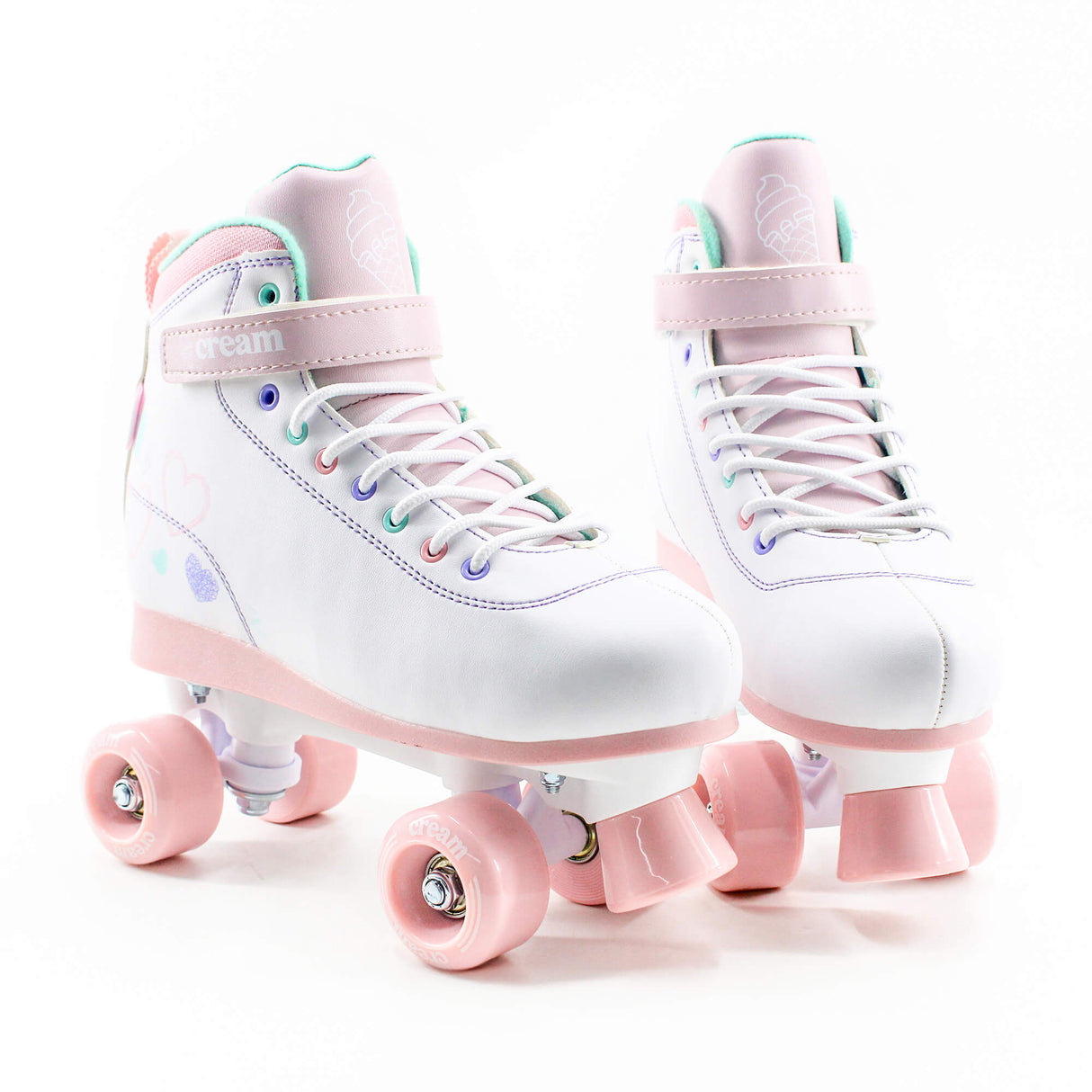 Cream Scoop Quad Roller Skates - Hearts (White/Pink)
