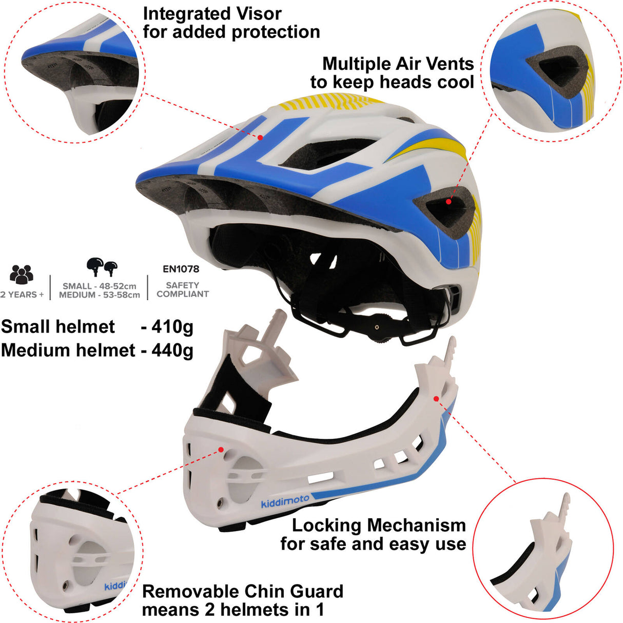 Kiddimoto Ikon Full Face 2-in-1 Helmet - Blue/White