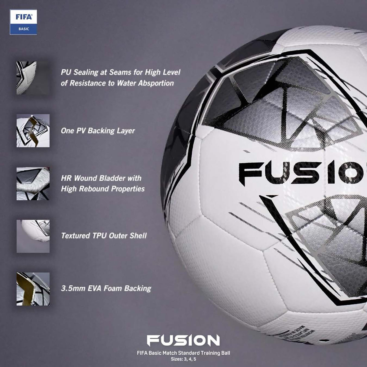 Precision Fusion FIFA Basic Training Size 5 Football - White/Silver/Black/White