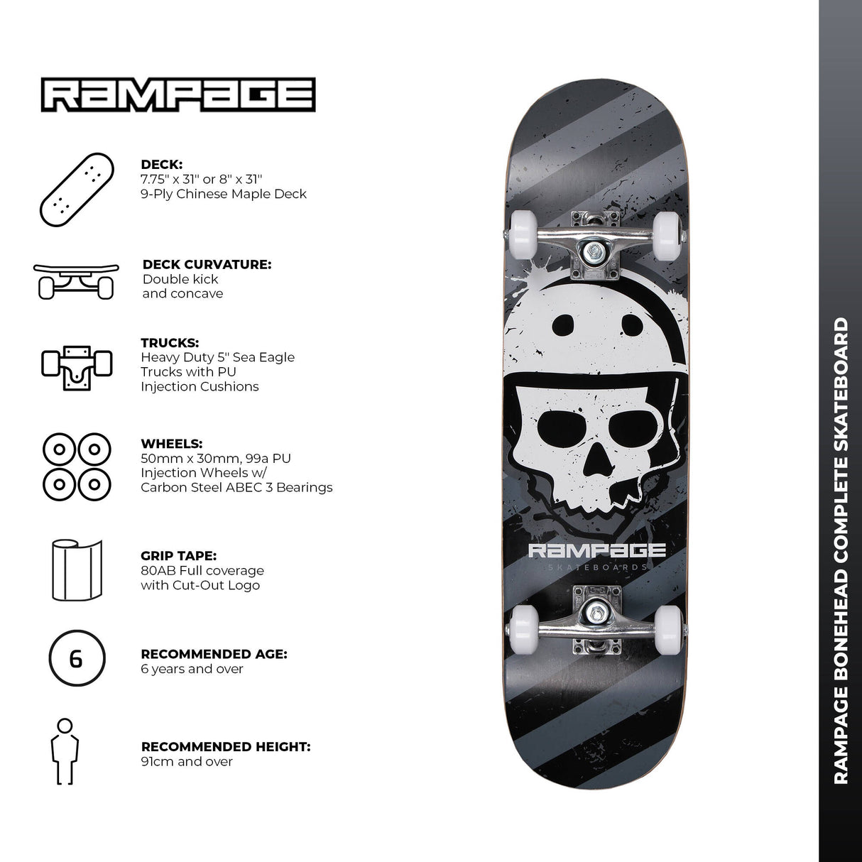Rampage Bonehead Complete Skateboard 8'' - Black