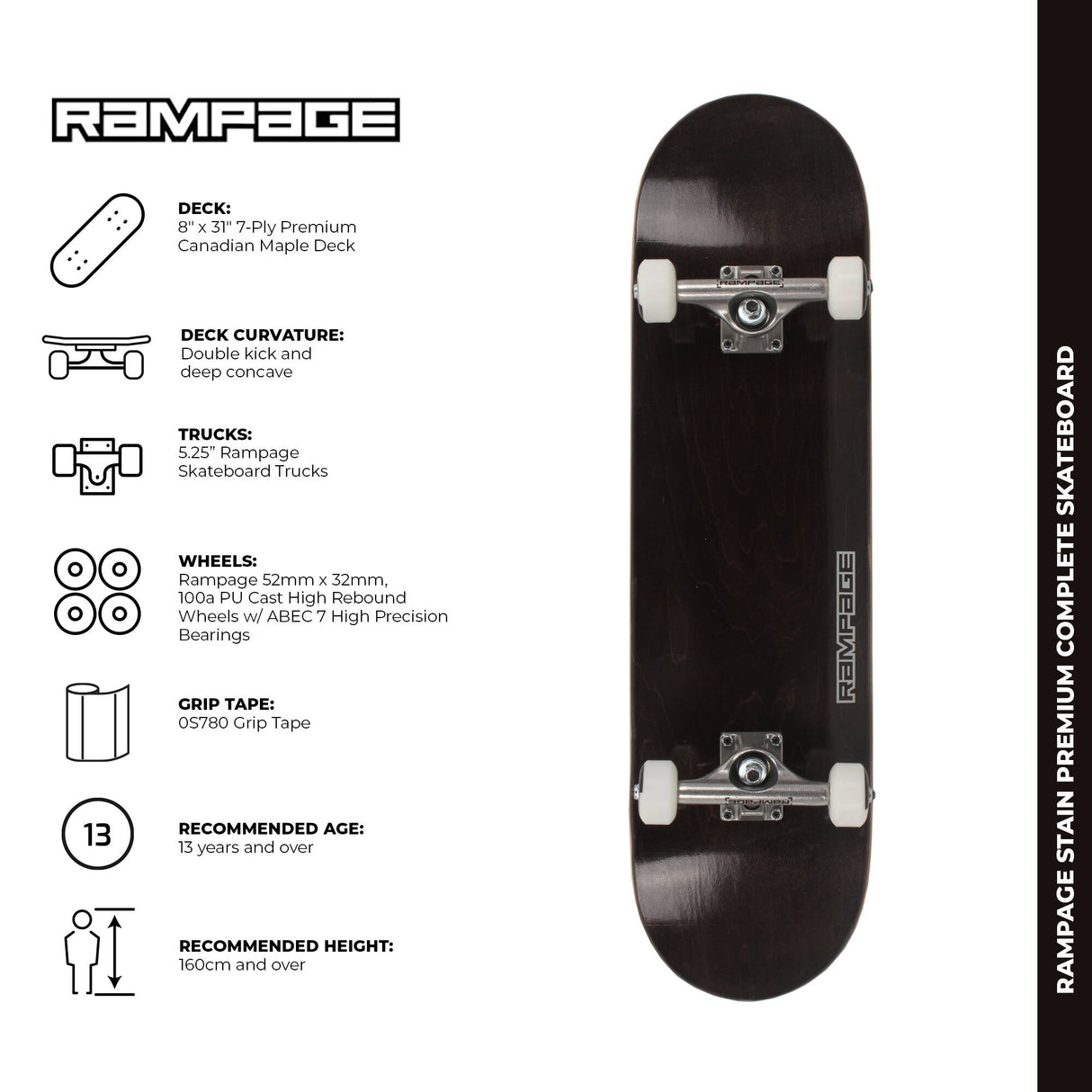 Rampage Stain Premium Complete Skateboard - Black 8''