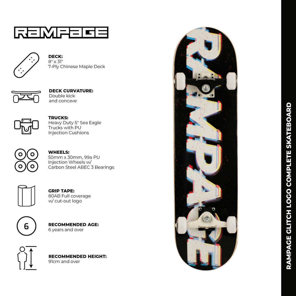 Rampage Glitch Logo Complete Skateboard - Multi 8''