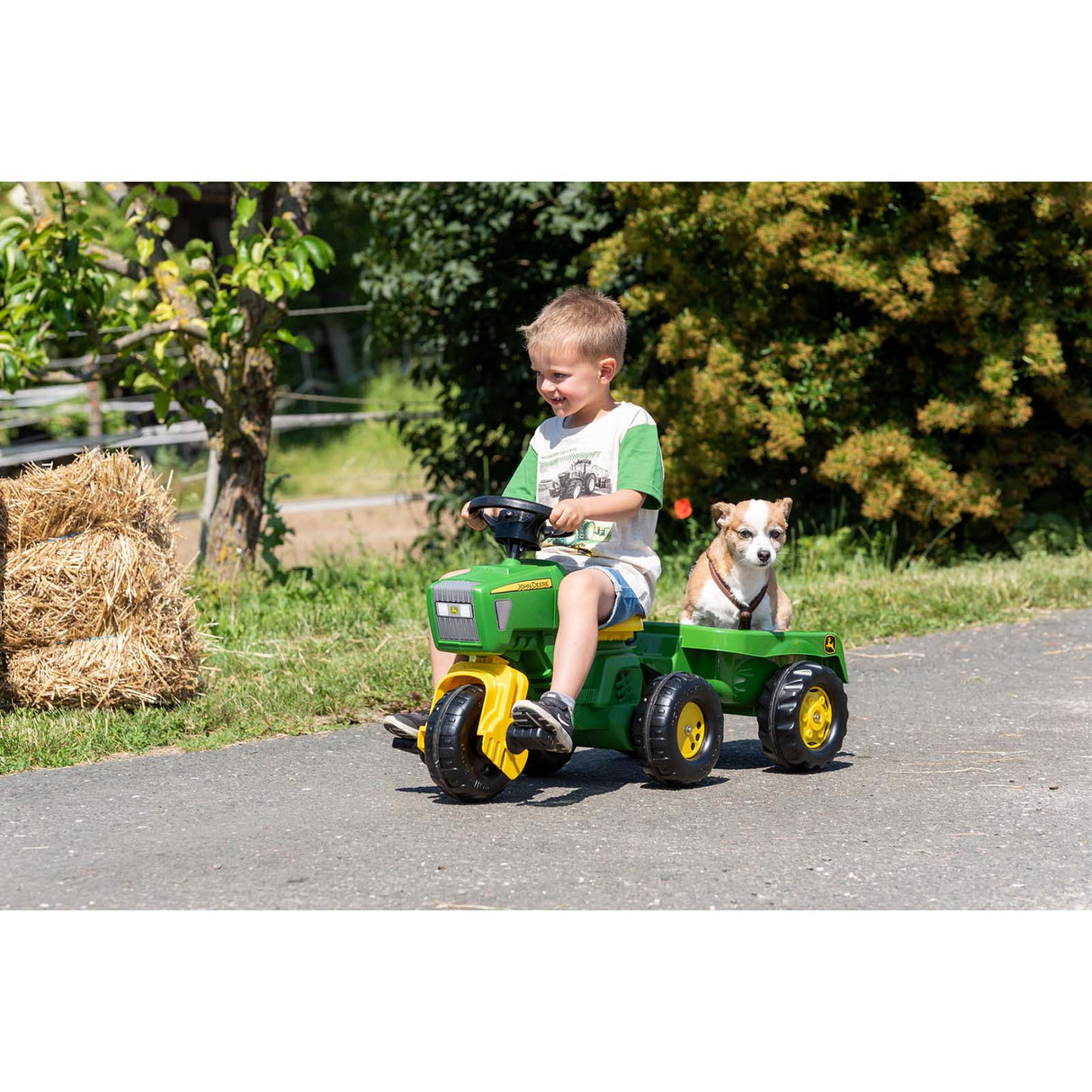 Rolly Toys John Deer Trio Tractor Ride On w/ Electronic Steering Wheel and Trailer