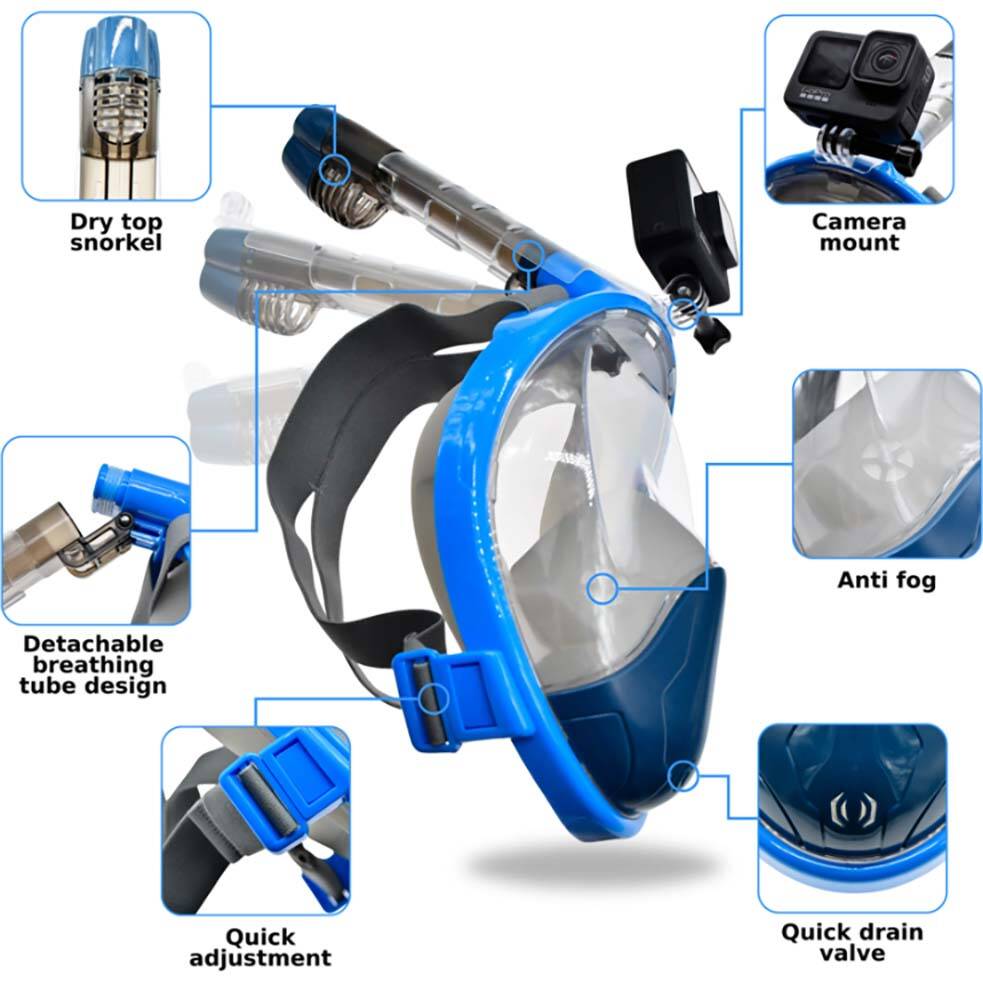SwimTech Full Face Adults Snorkeling Mask - Blue/Grey L/XL