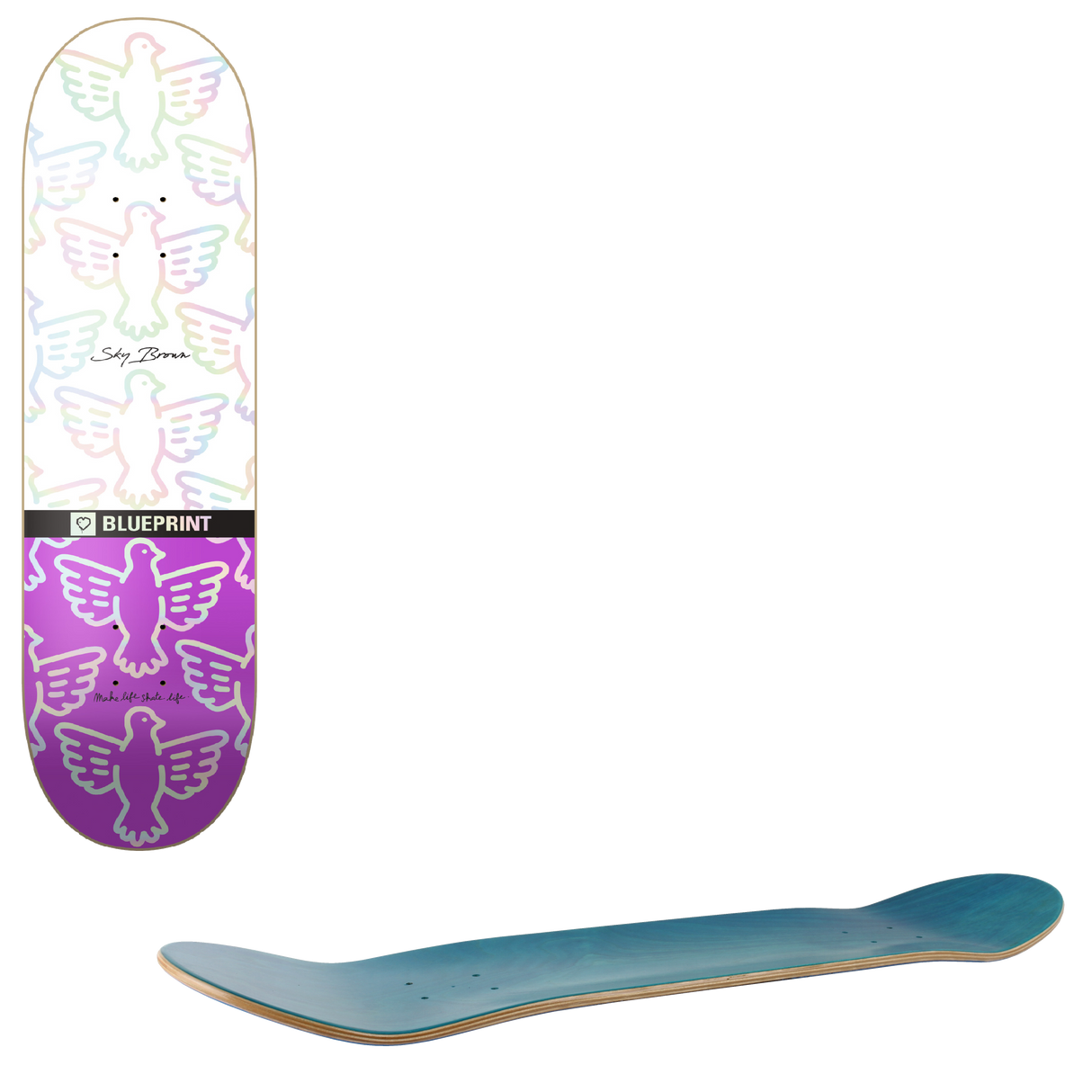 Blueprint Sky Brown x MLSL Skateboard Deck - White Holographic 8"