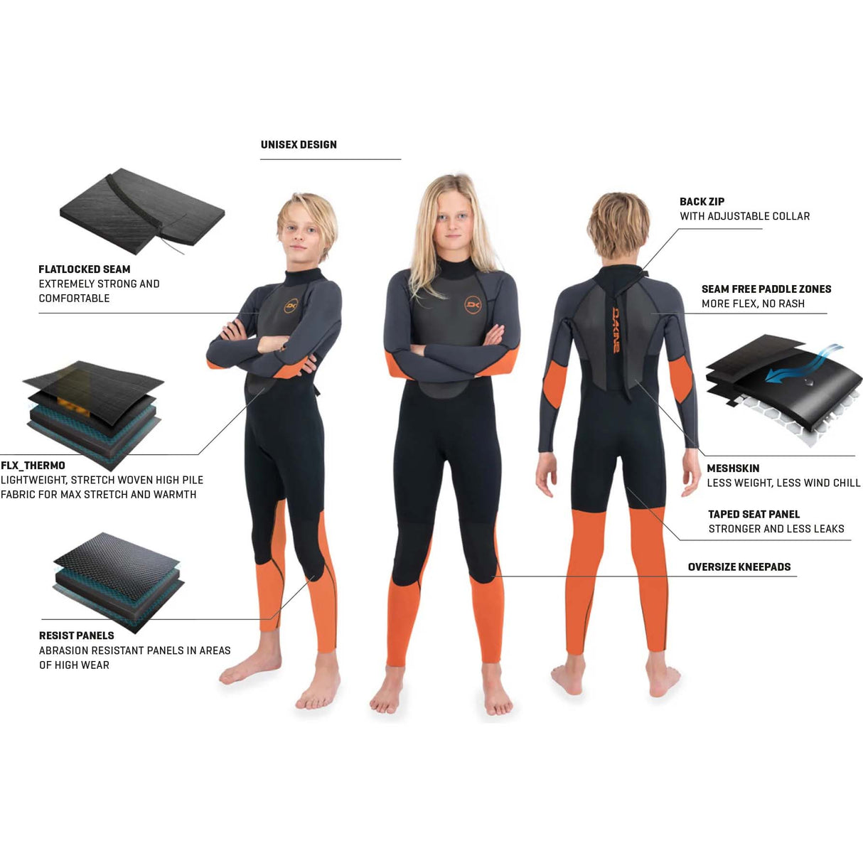 Dakine Kids Quantum back Zip Full Suit  3/2mm F/L Wetsuit - Black/Orange
