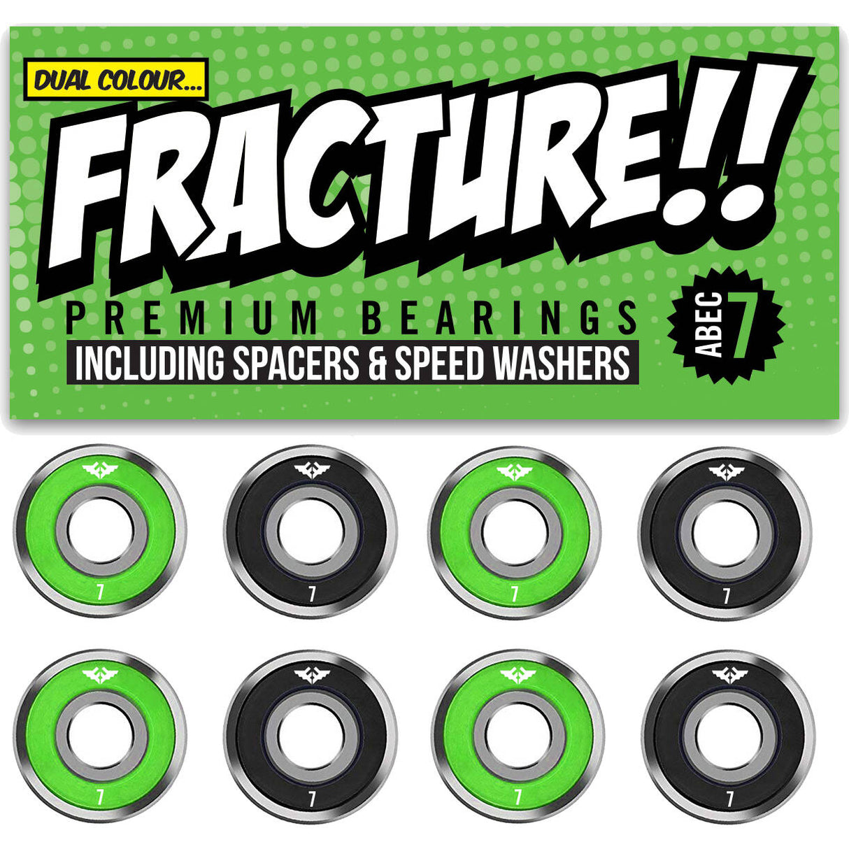 Fracture Premium Bearings ABEC 7 - Green/Black (Pack of 8)