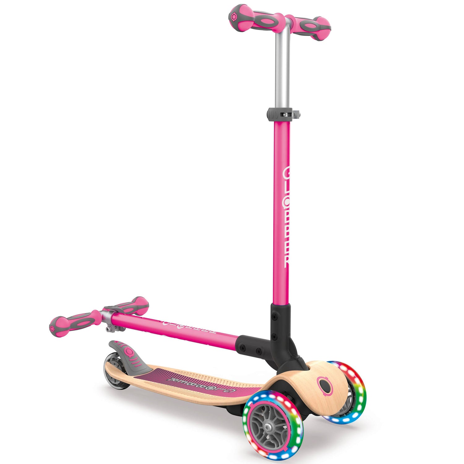 Globber Primo Foldable Wood Lights Scooter - Deep Pink