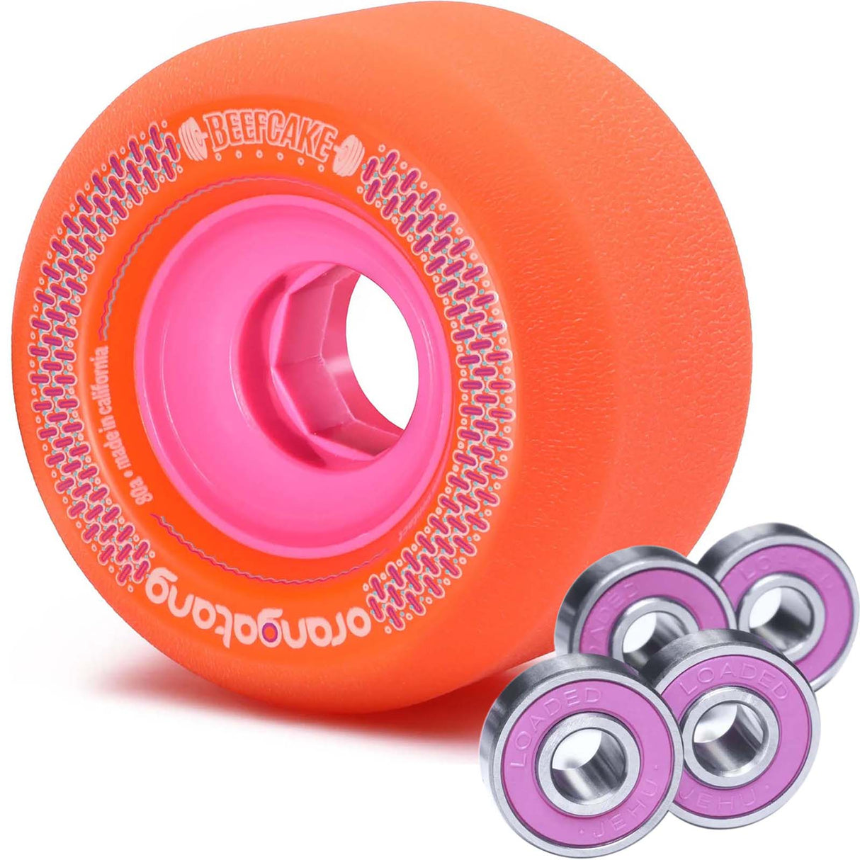 Orangatang Beefcake 73mm Longboard Wheels w/ Jehu V2 Bearings - Orange 80a