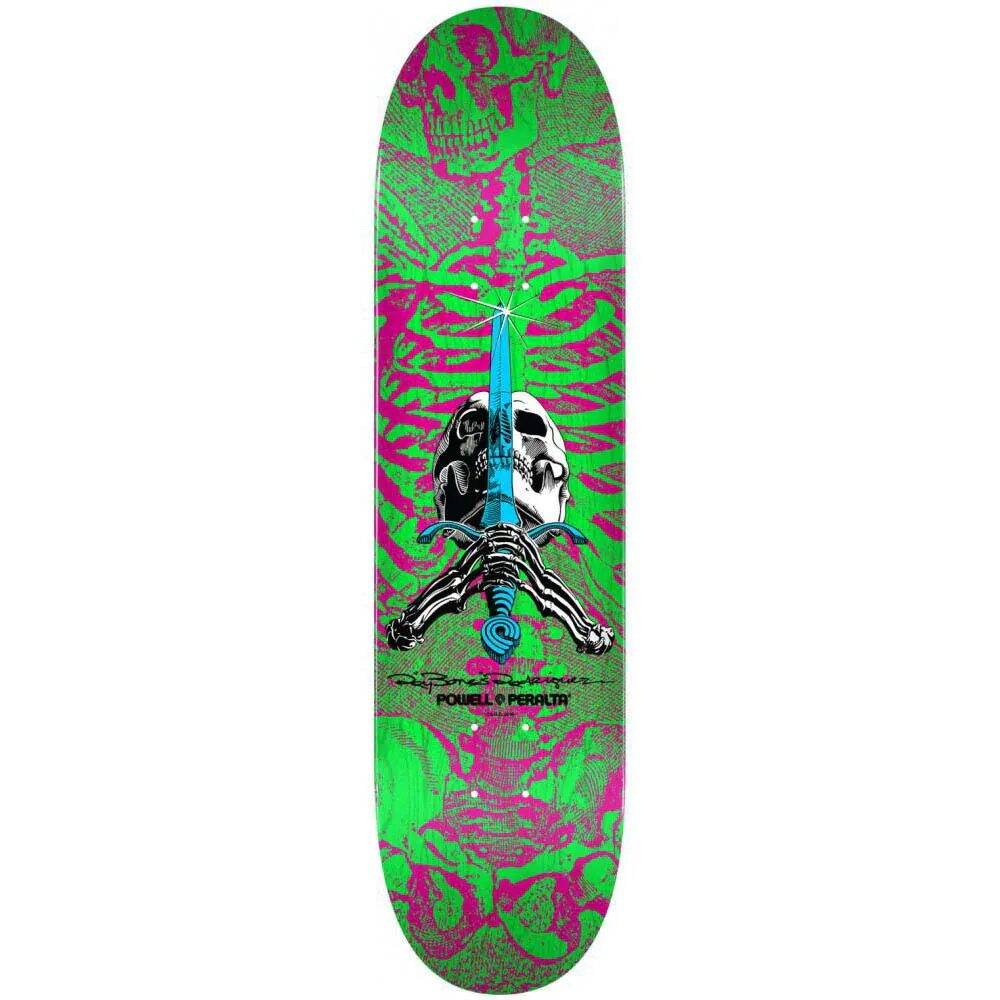 Powell Peralta Skull &amp; Sword Shape #247 Skateboard Deck - Pink/Green 8''