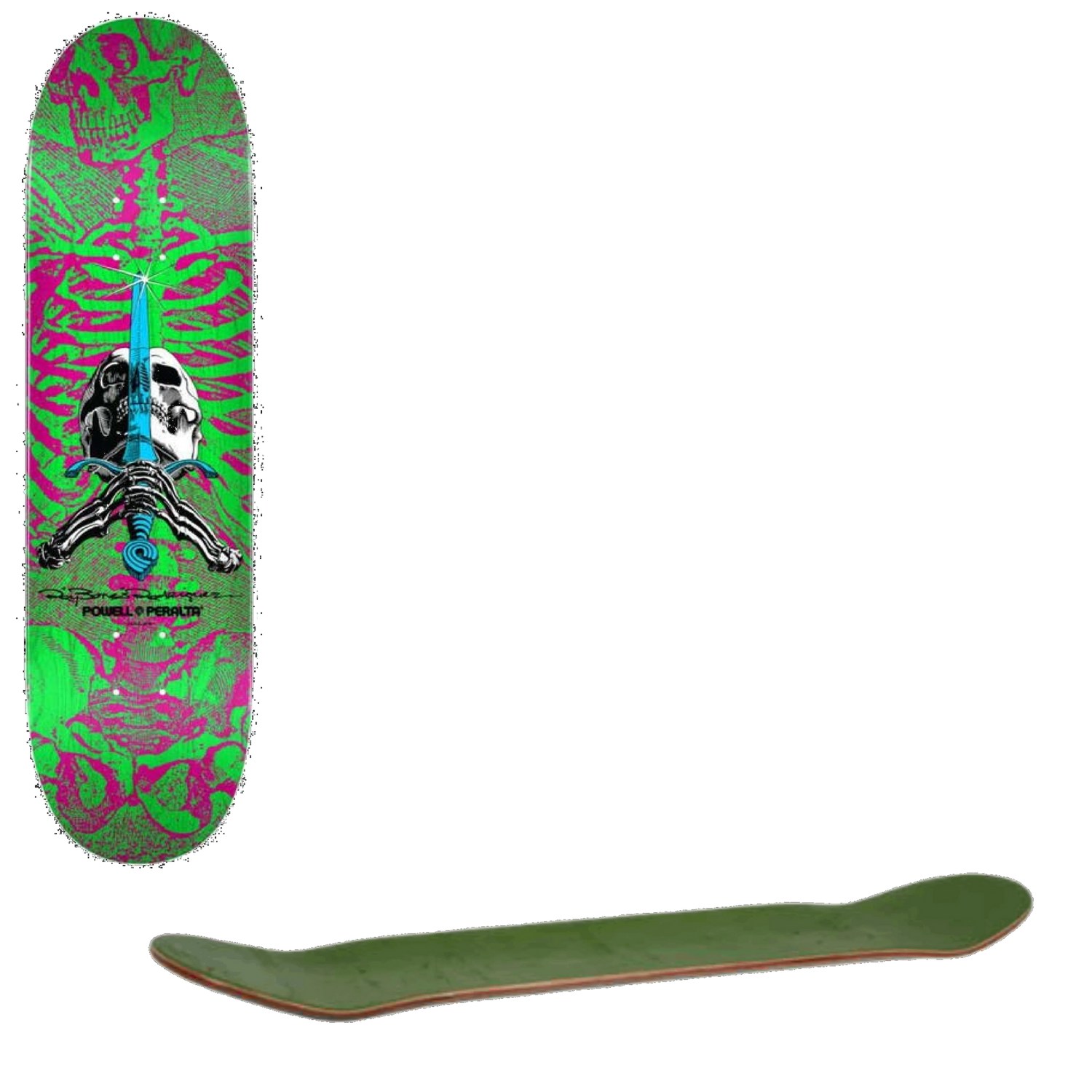 Powell Peralta Skull & Sword Shape #247 Skateboard Deck - Pink/Green 8''