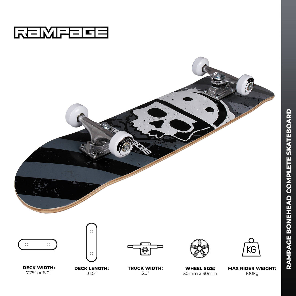 Rampage Bonehead Complete Skateboard 8'' - Black