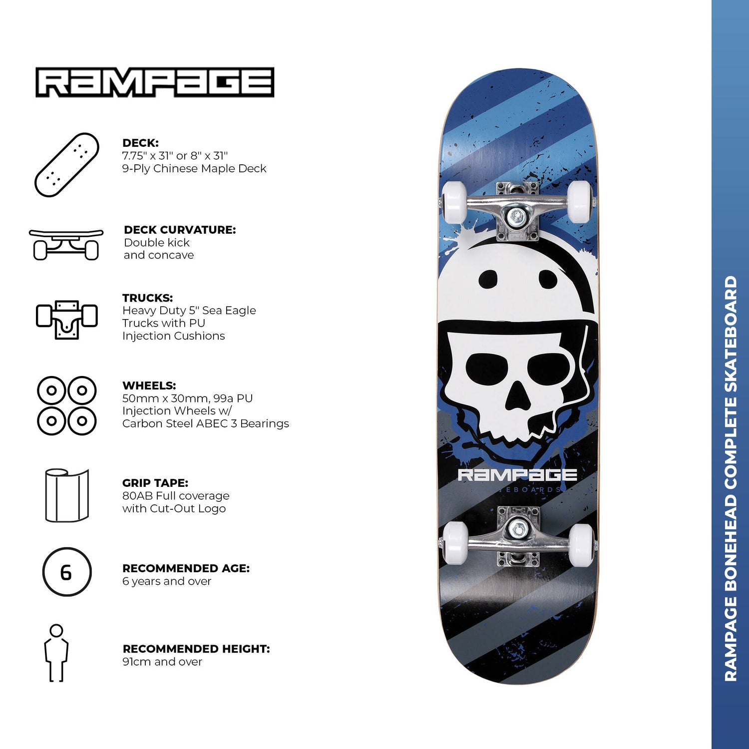 Rampage Bonehead Complete Skateboard 8'' - Blue