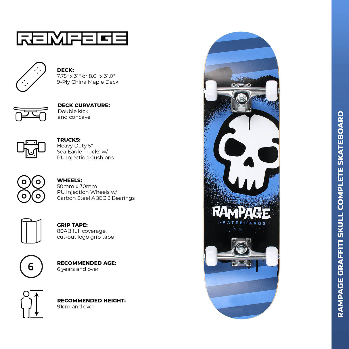 Rampage Graffiti Skull Complete Skateboard 8''