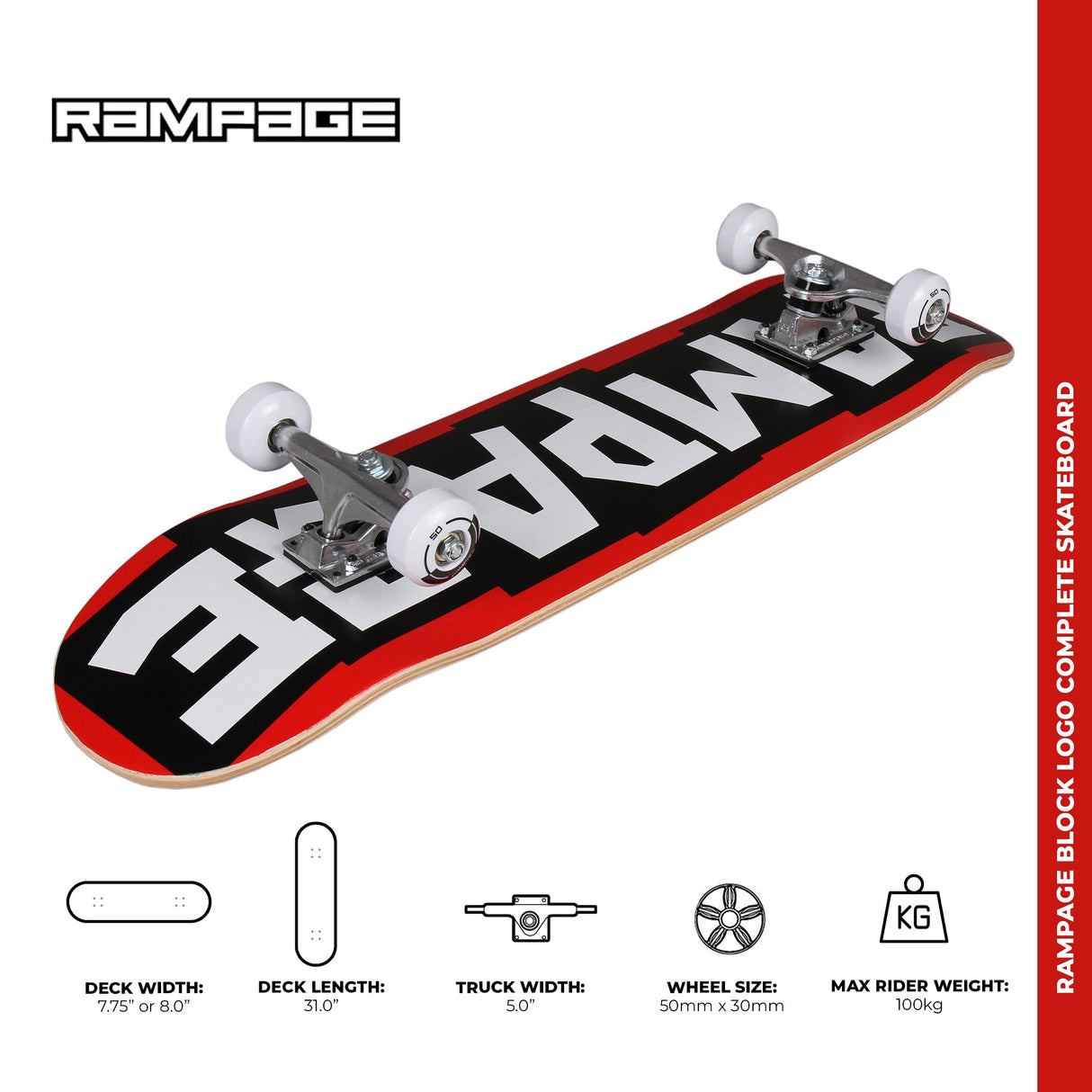 Rampage Block Logo Complete Skateboard - Red/Black 7.75"