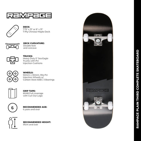 Rampage Plain Third Complete Skateboard - Black 8"