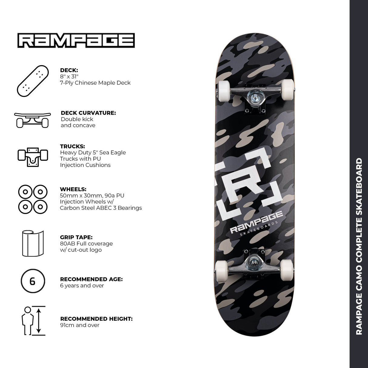 Rampage Camo Complete Skateboard - Black 8''