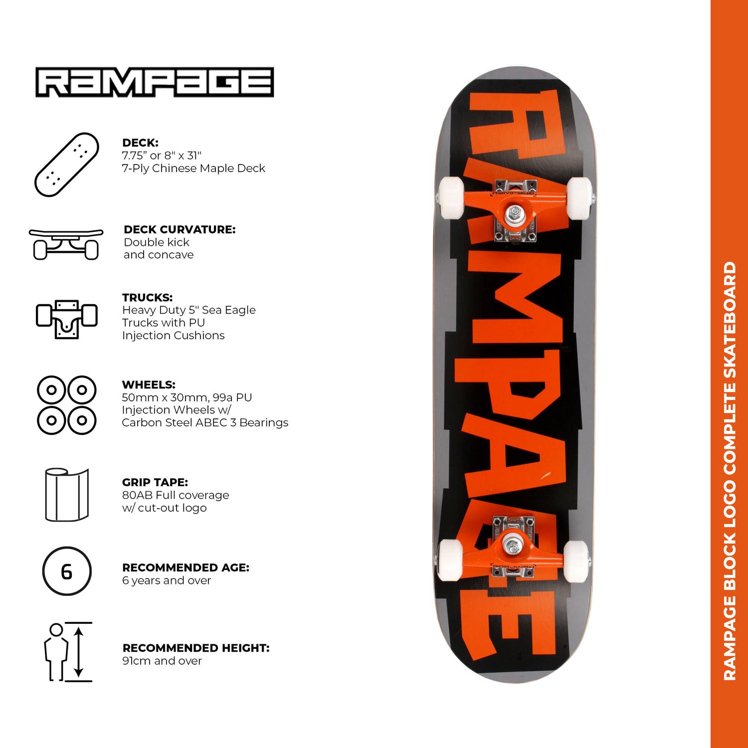 Rampage Block Logo Complete Skateboard - Orange/Grey 8''