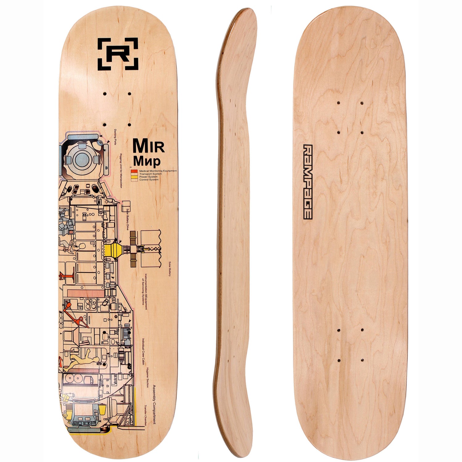 Rampage MIR Schematic Custom Skateboard - Natural 7.75"