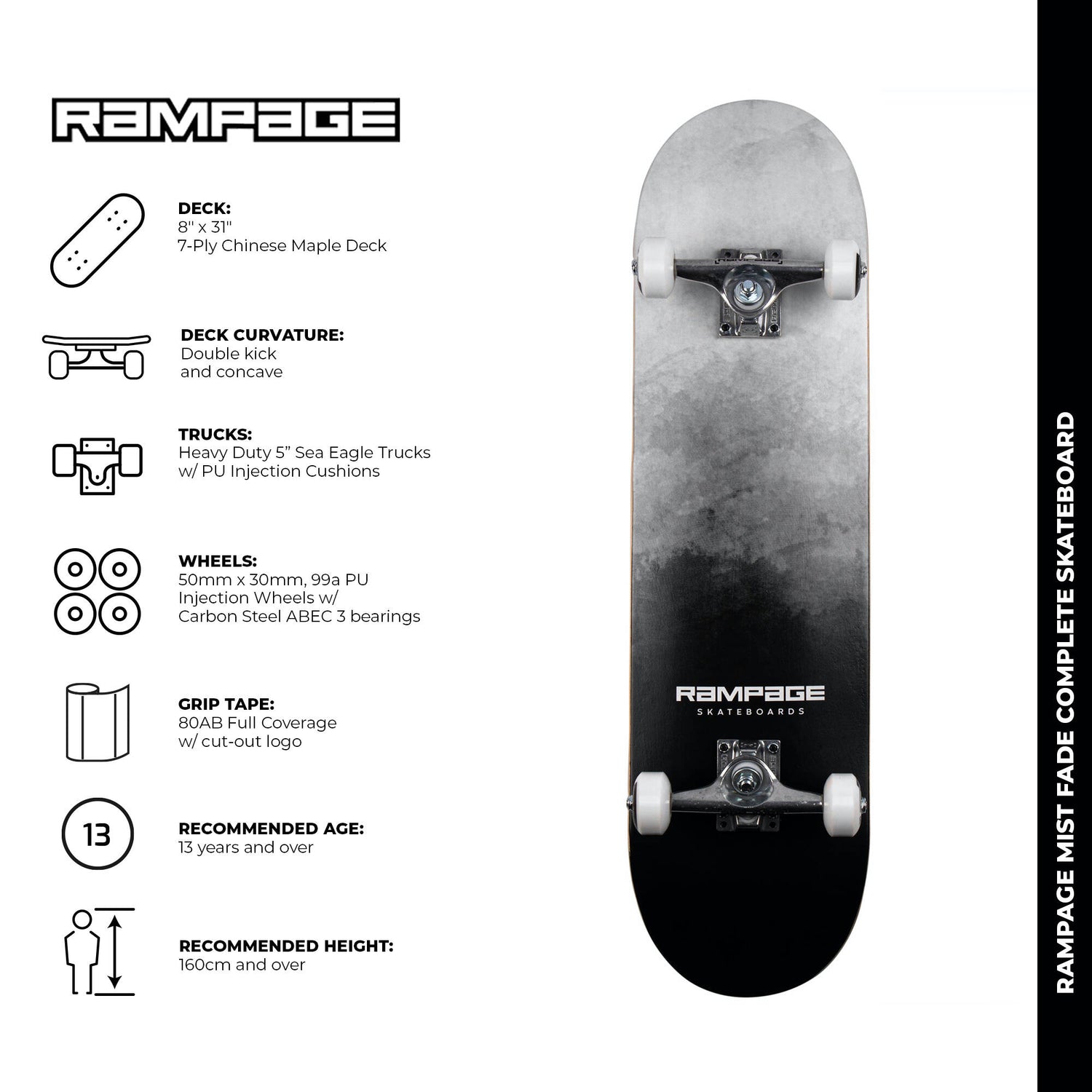 Rampage Mist Fade Complete Skateboard - Black 8''