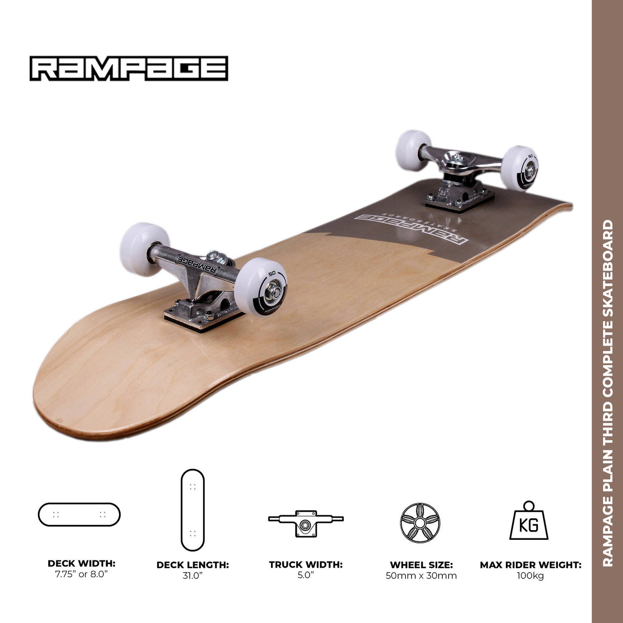 Rampage Plain Third Complete Skateboard - Natural/Black 8''