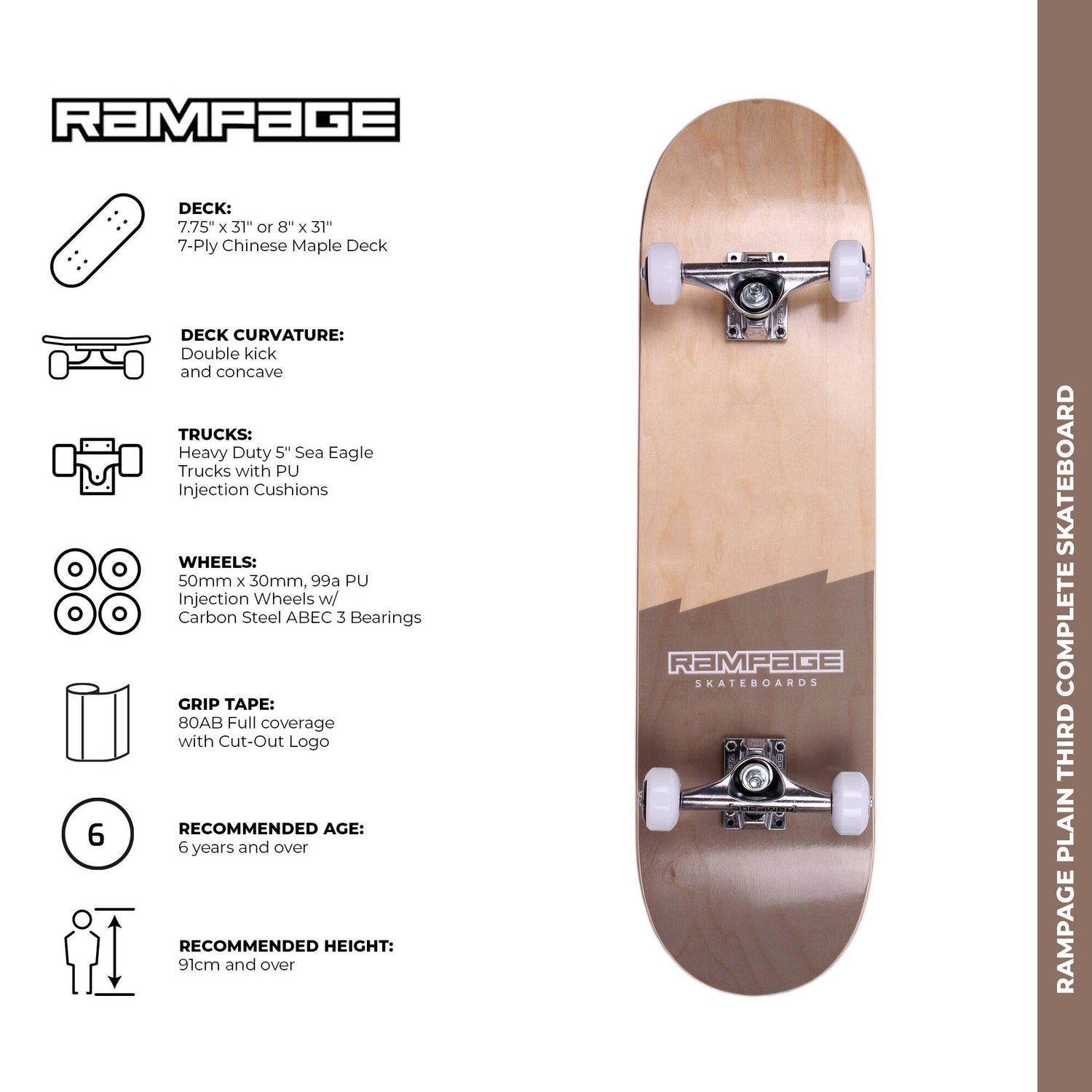 Rampage Plain Third Complete Skateboard - Natural/Black 8''