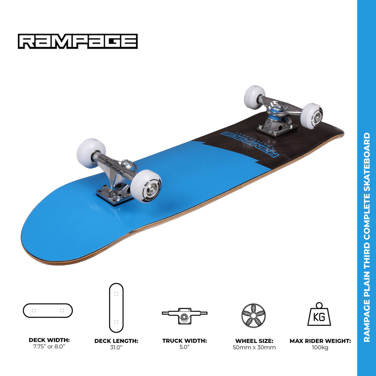 Rampage Plain Third Complete Skateboard - Blue/Black 7.75''