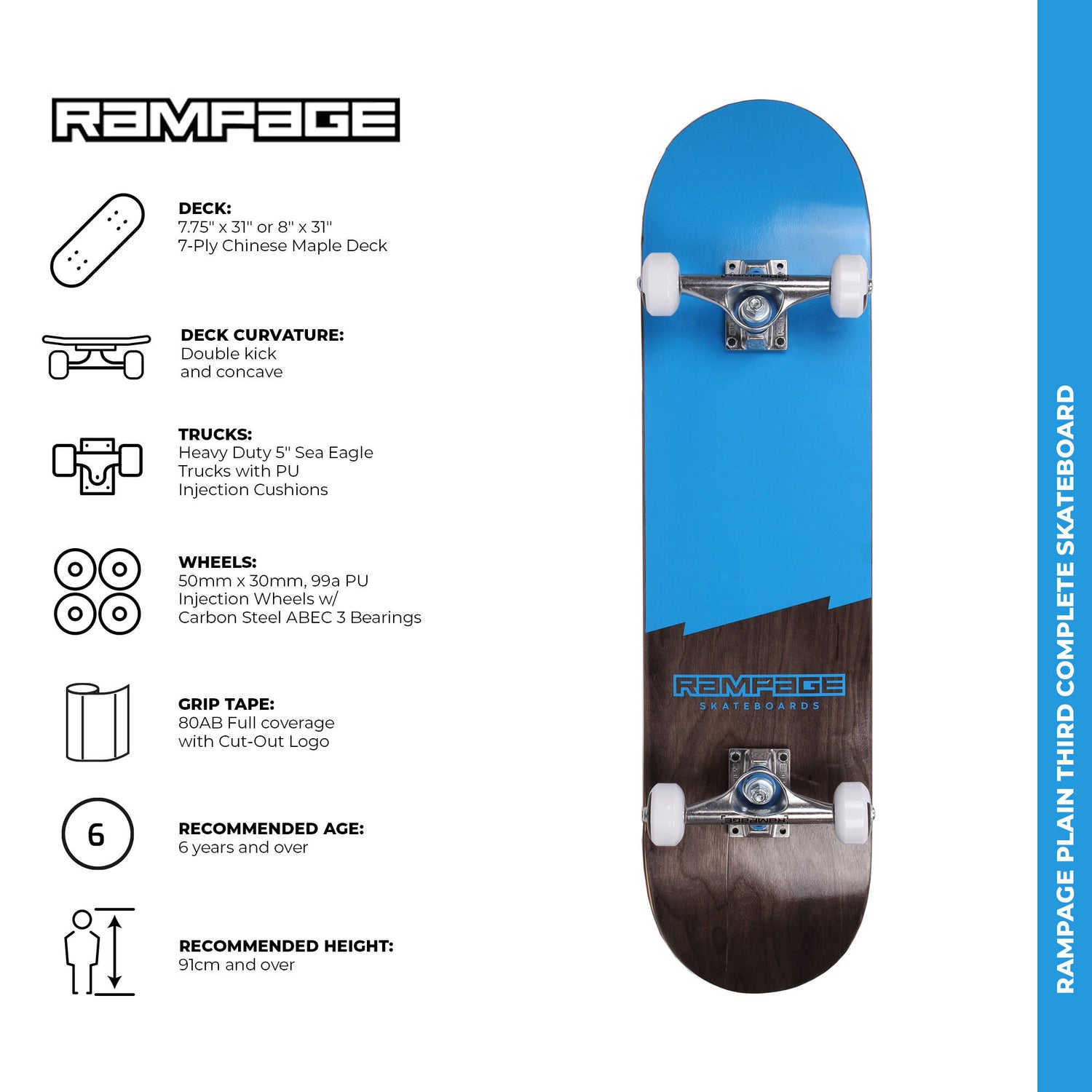 Rampage Plain Third Complete Skateboard - Blue/Black 8''