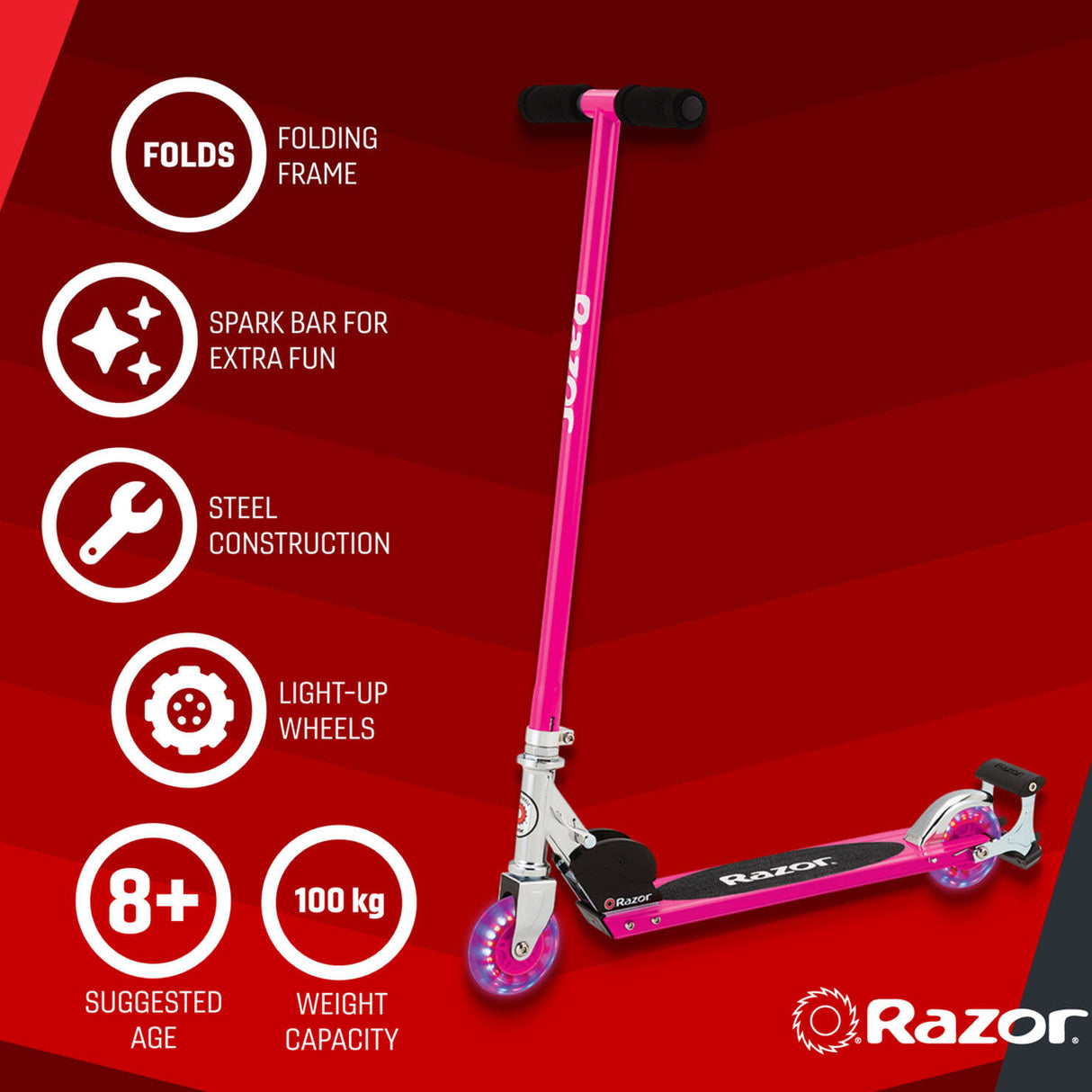 Razor S Spark Light-Up Folding Scooter - Pink