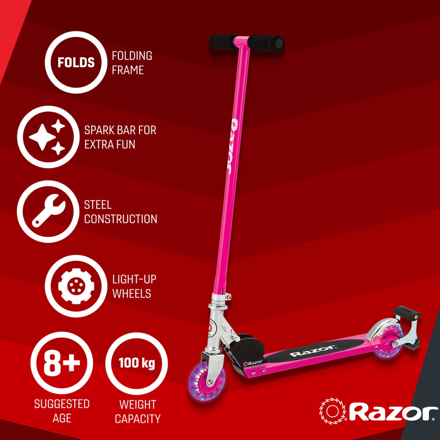 Razor S Spark Light-Up Folding Scooter - Pink