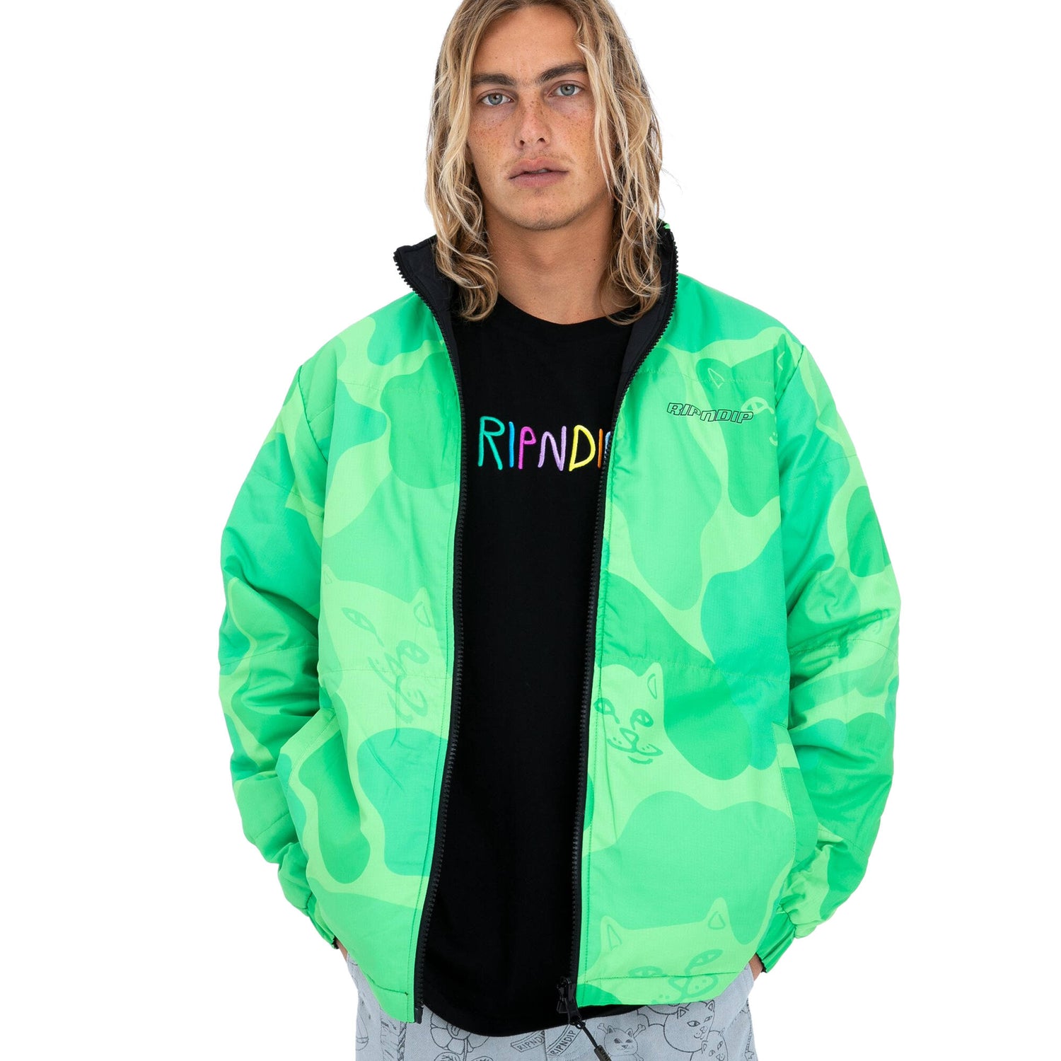 RIPNDIP Neo Nerm Reversible Field Puffer Jacket - Black and Tonal Green LRG