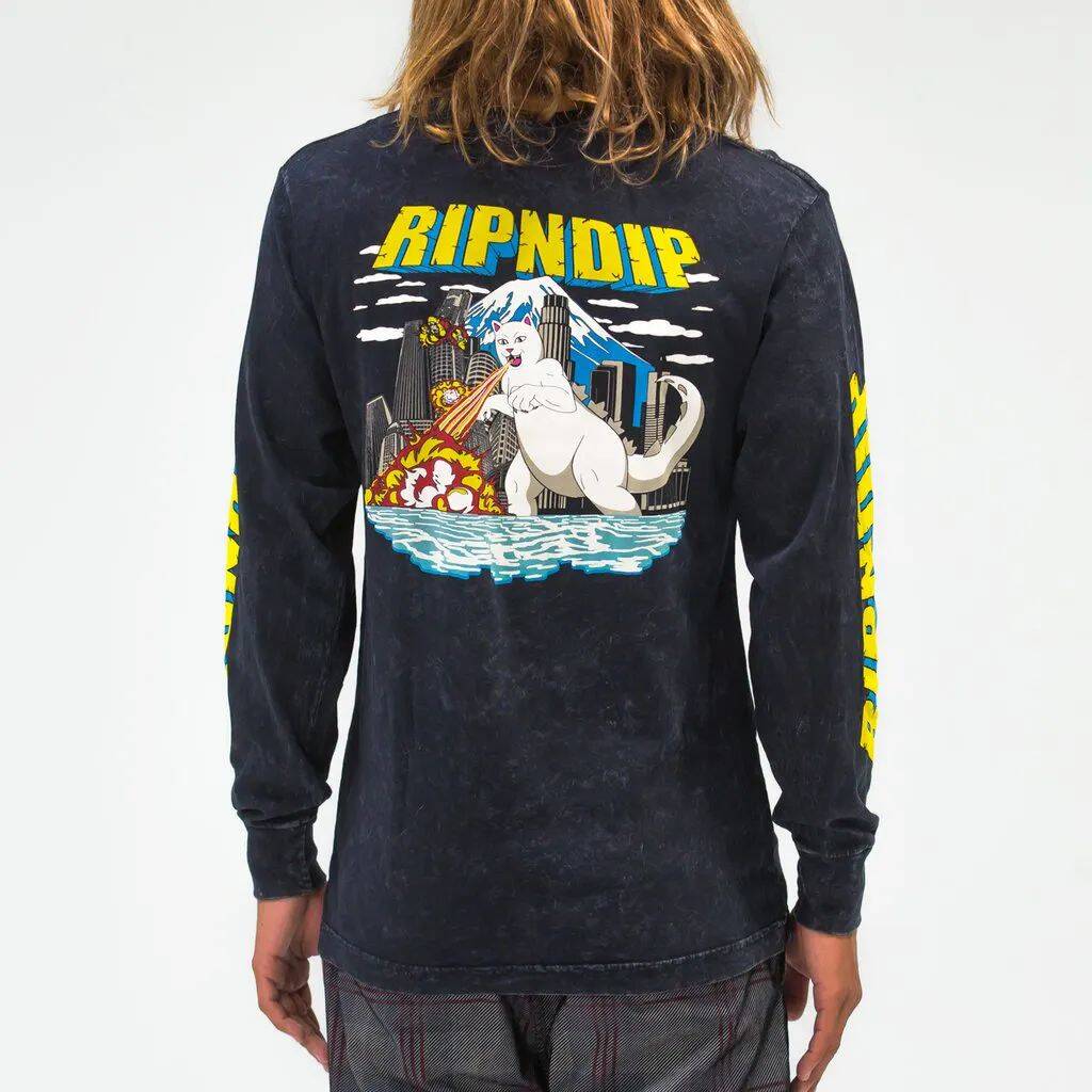 RIPNDIP Nermzilla Long Sleeve T Shirt - Black Mineral Wash