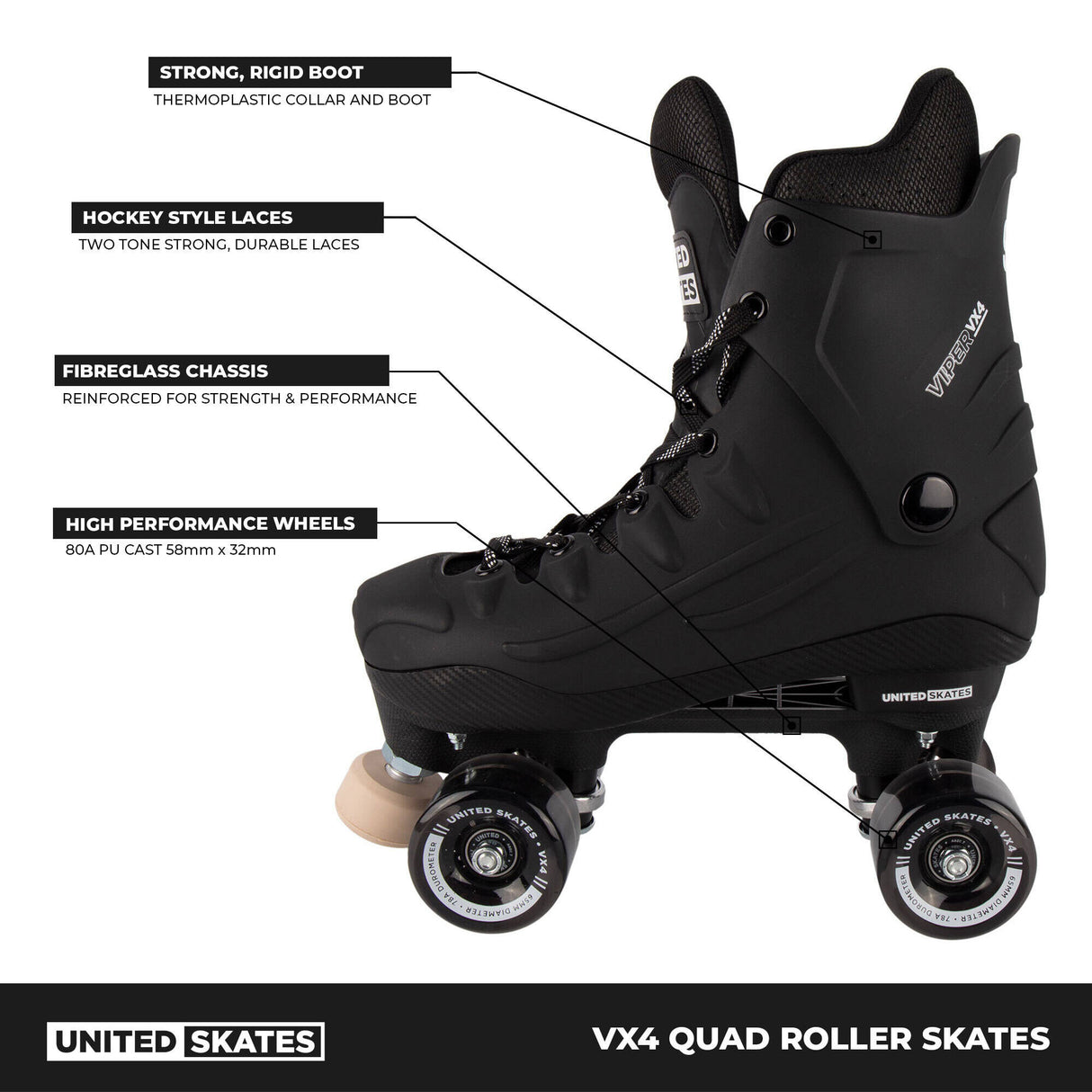 United Skates VX4 Elite Quad Roller Skates - Smoke