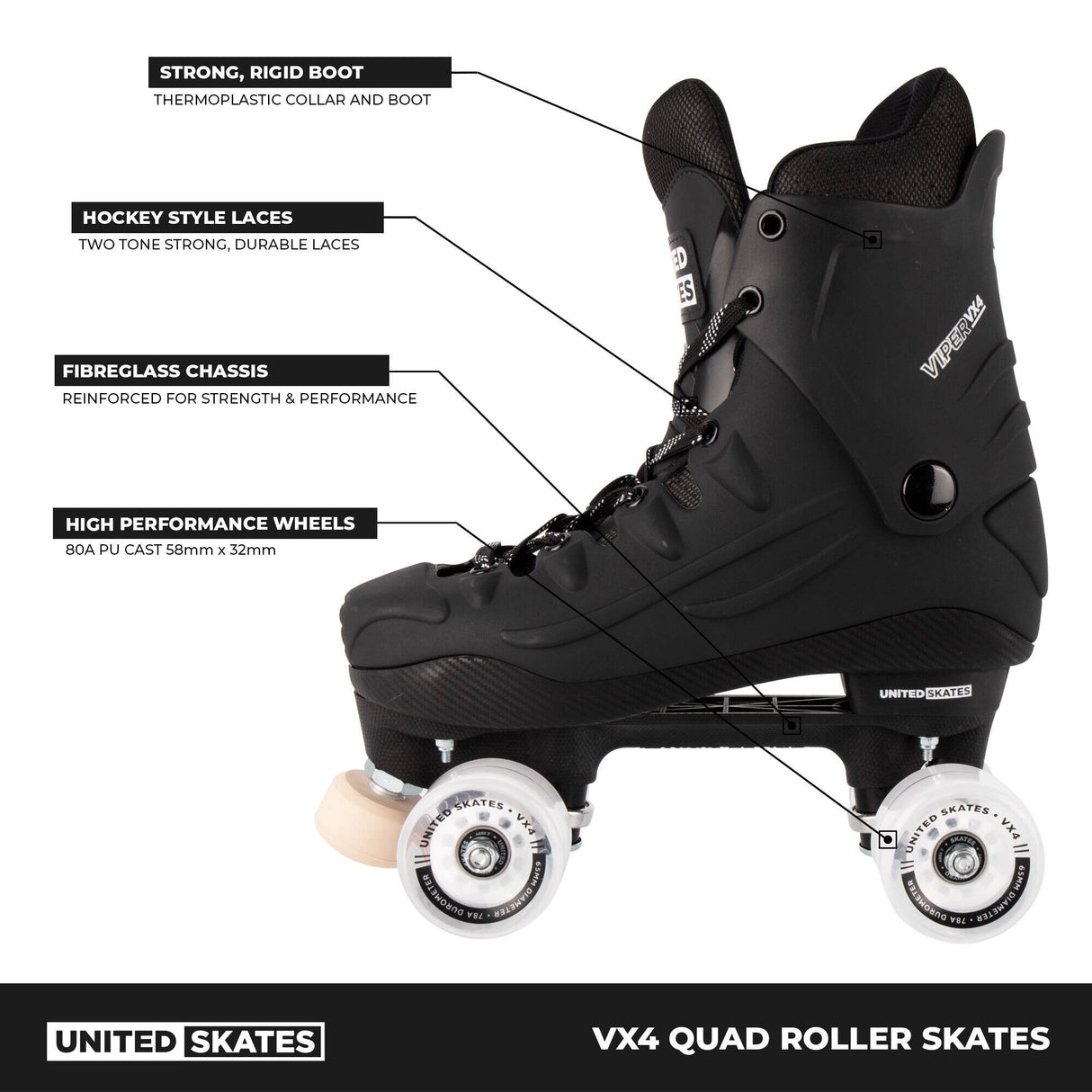 United Skates VX4 Elite Quad Roller Skates - Clear Glitter
