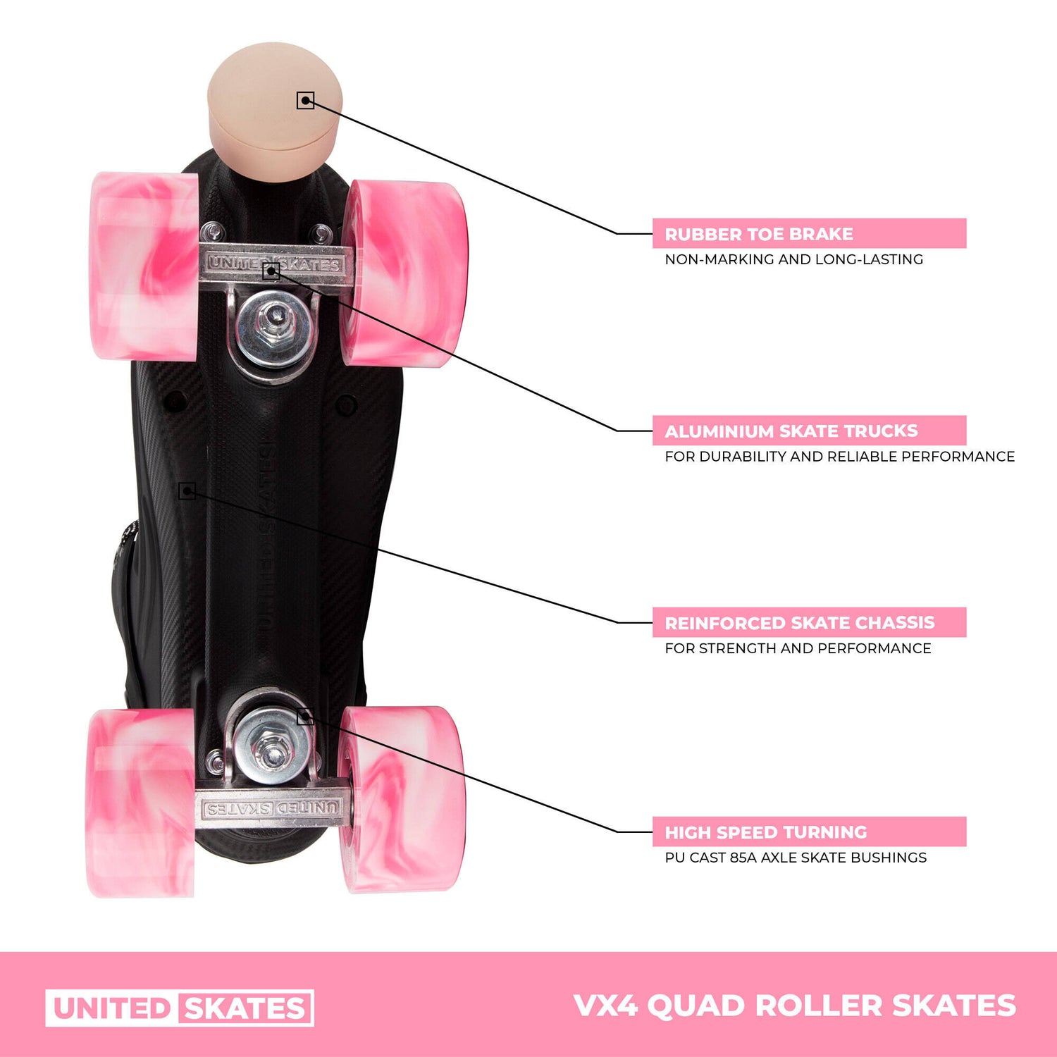 United Skates VX4 Elite Quad Roller Skates - Marble Pink/White
