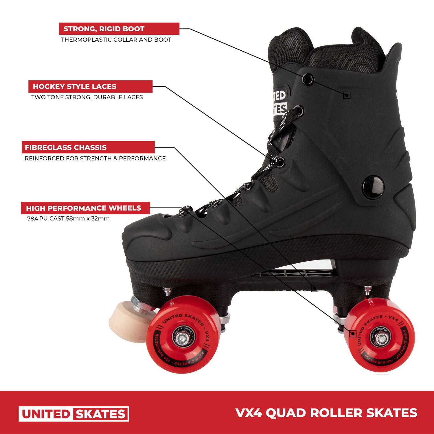 United Skates VX4 Elite Quad Roller Skates - Red