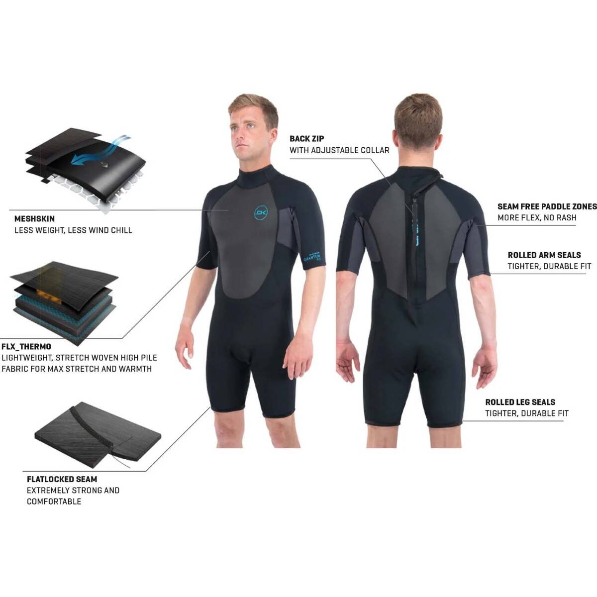 Dakine Mens Quantum Back Zip Shorty 2/2mm F/L Wetsuit - Black/Grey