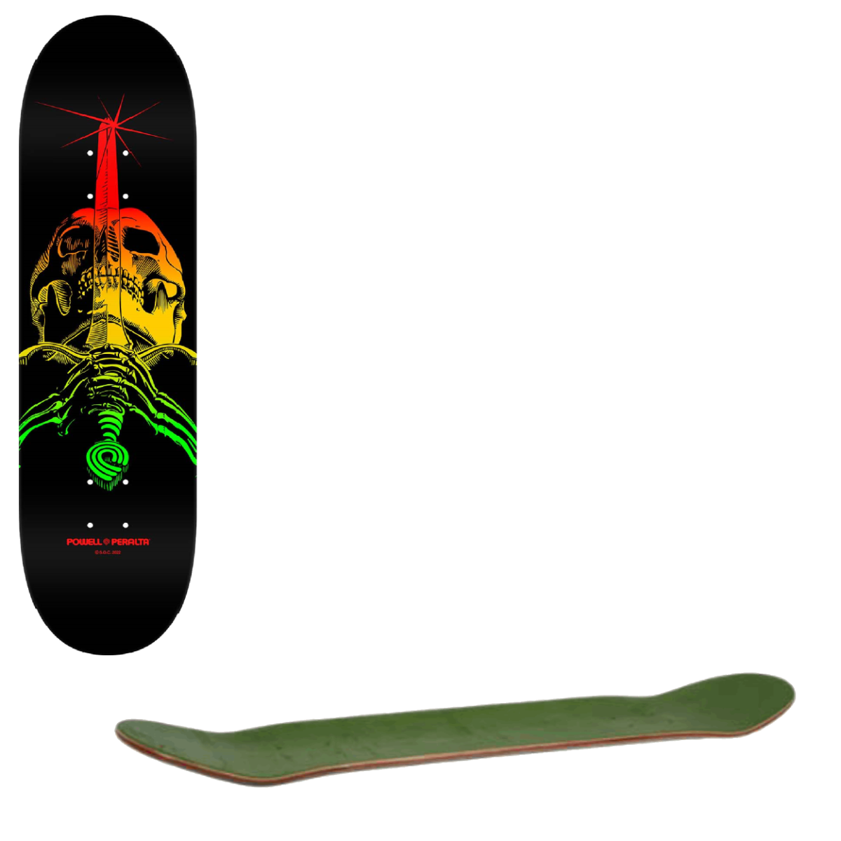 Powell Peralta Skull & Sword Skateboard Deck - Rasta Fade 9"